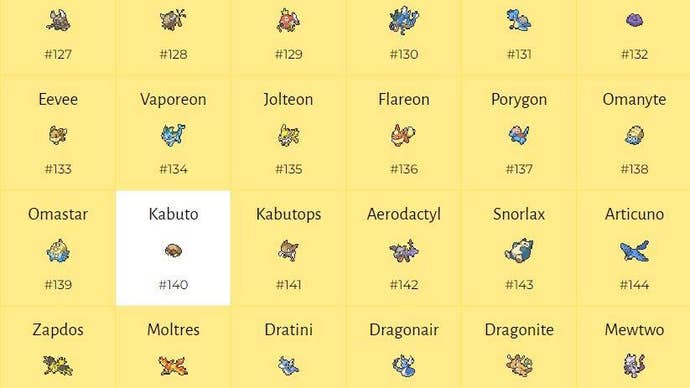 A cropped screenshot of a section of pokedextracker.com showing all but one pokemon remaining from a group of 30.
