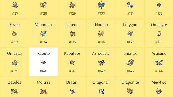 A cropped screenshot of a section of pokedextracker.com showing all but one pokemon remaining from a group of 30.