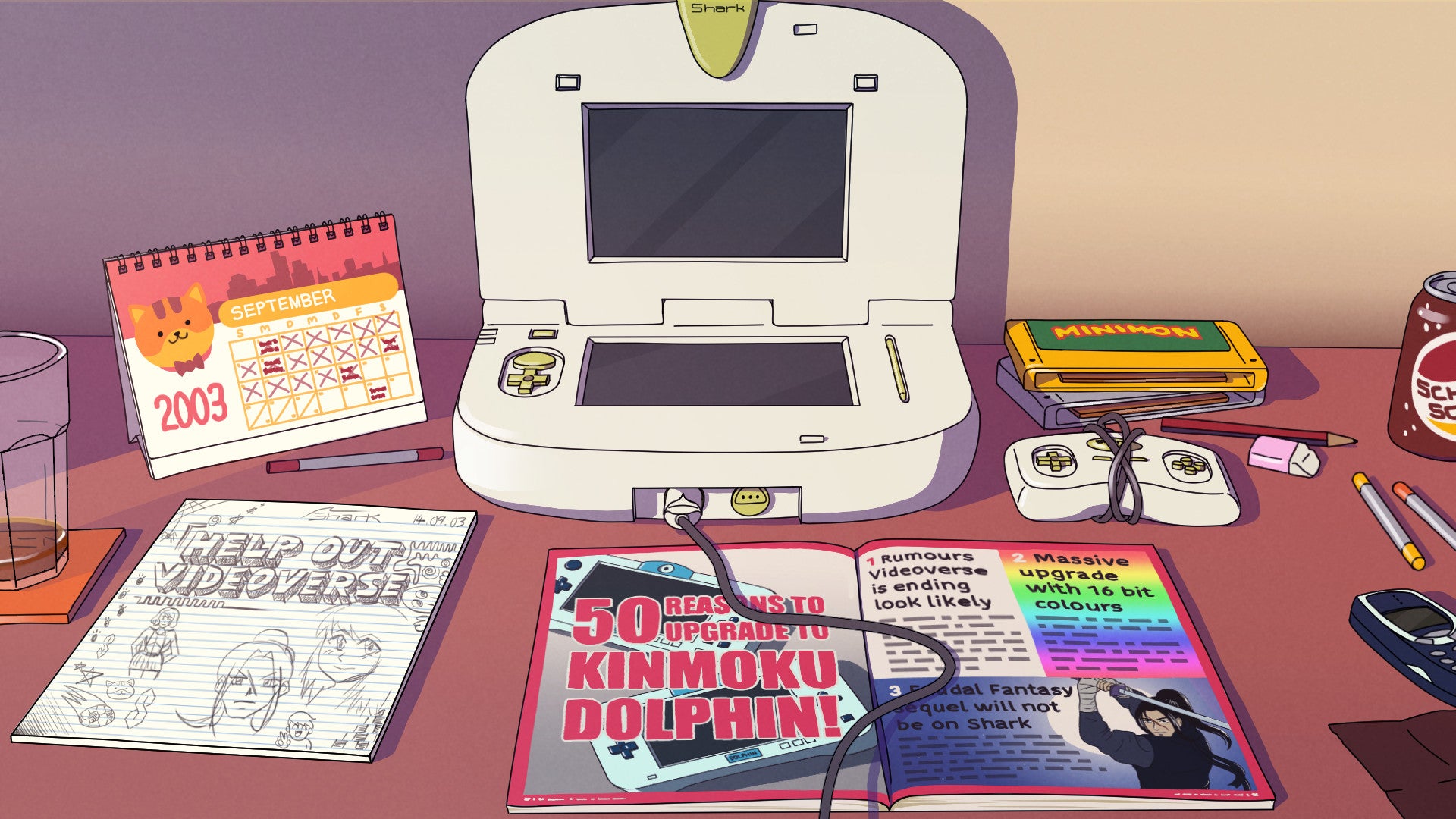 A child&rsquo;s desk, covered in gaming magazines, a games console and more in Videoverse