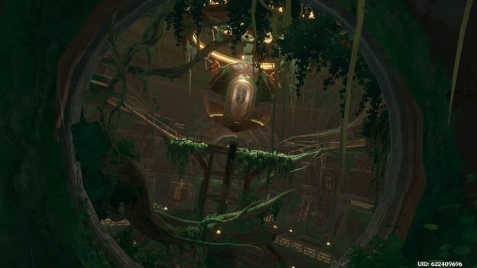Genshin Impact Vimana Agama quest: A circular doorway covered in vines, opening onto a brown and gold metal interior