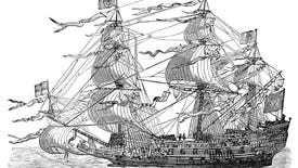 A vintage black and white illustration of an 1800s flagship.