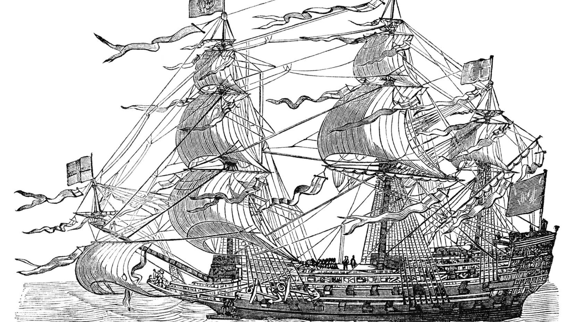 A vintage black and white illustration of an 1800s flagship. - 1