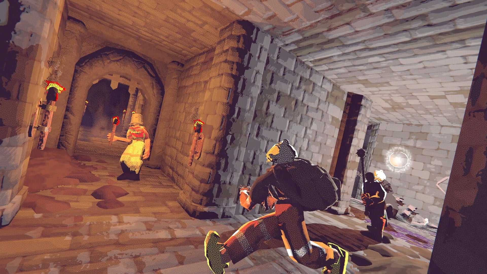 Four characters in semi-modern outfits are exploring a fantasy dungeon in Vision Quench. - 1