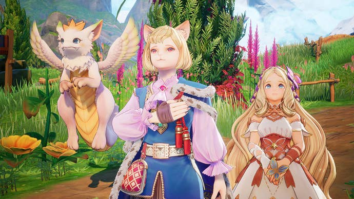 visions of mana screenshot showing three characters looking up towards the sky