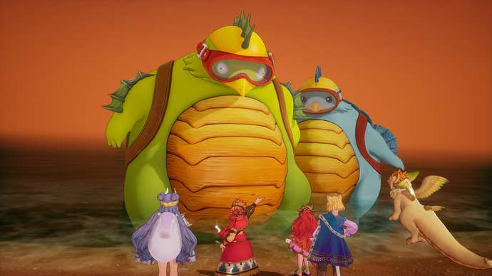 Some characters facing giant turtle lads in Visions of Mana.