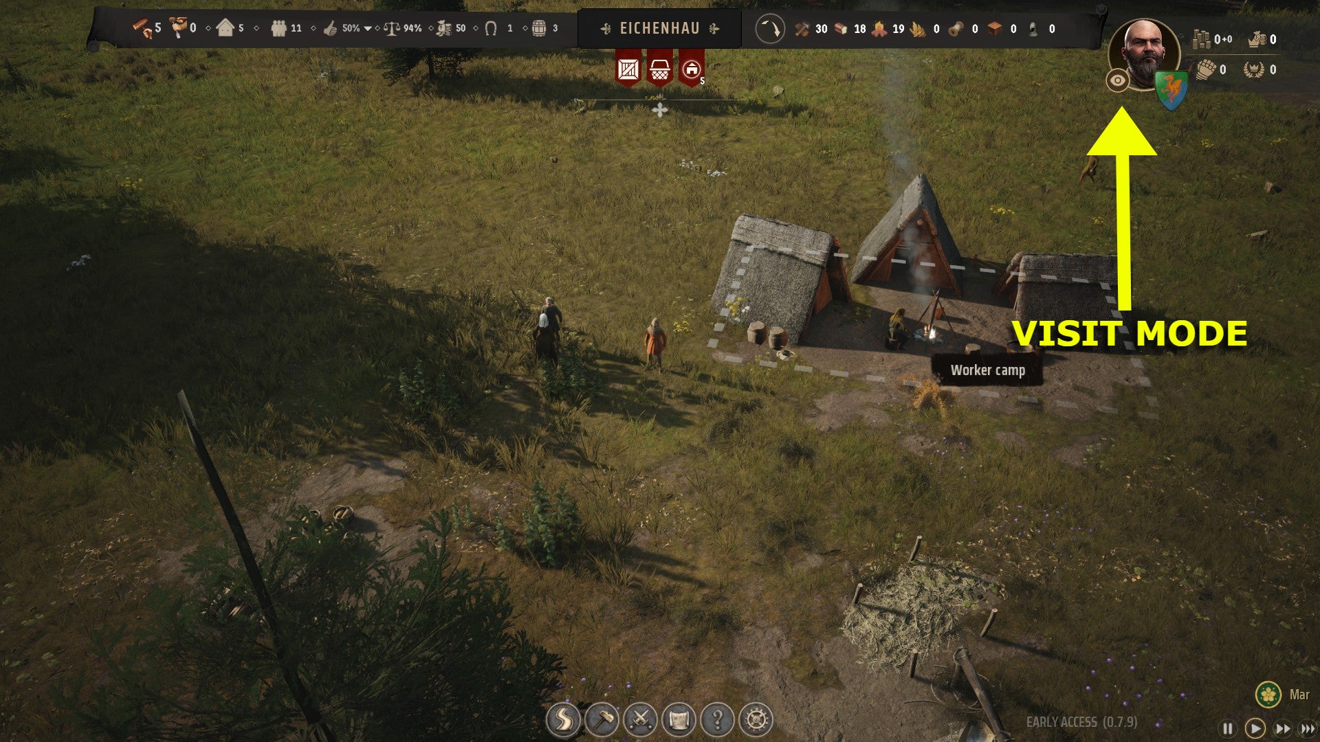 A screenshot showing how to access Visit Mode in Manor Lords, by clicking on the eye in the top right corner of the screen. - 4
