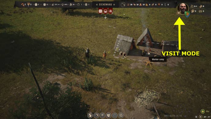 A screenshot showing how to access Visit Mode in Manor Lords, by clicking on the eye in the top right corner of the screen.