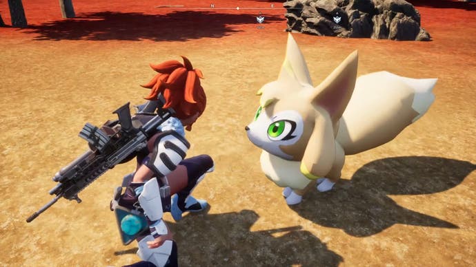 A Palworld character crouching down next to the fox-like Vixy creature.