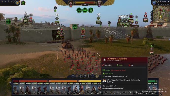 Total War Pharaoh preview - screenshot of Menner siege with unit of spearmen in spear wall formation holding off a battering ram, with units either side of the wall using ranged attacks