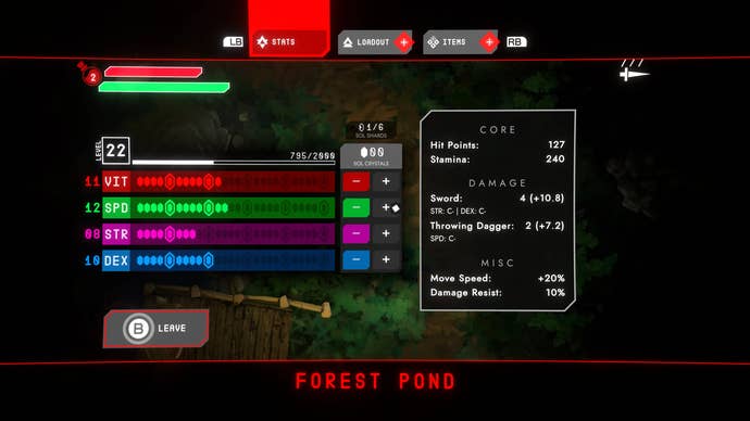 A stats menu in Void Sols