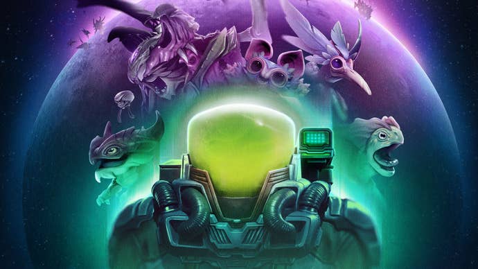 A person in a spacesuit with a glowing green helment is in front of various alien creatures in key art for Voidling Bound.