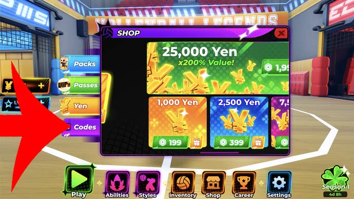 Arrow pointing at the Codes button in the Roblox game Volleyball Legends.