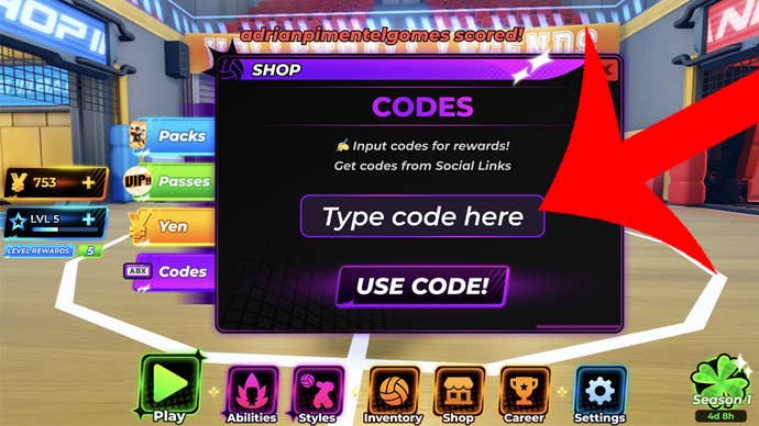 Arrow pointing at the Codes menu in the Roblox game Volleyball Legends.