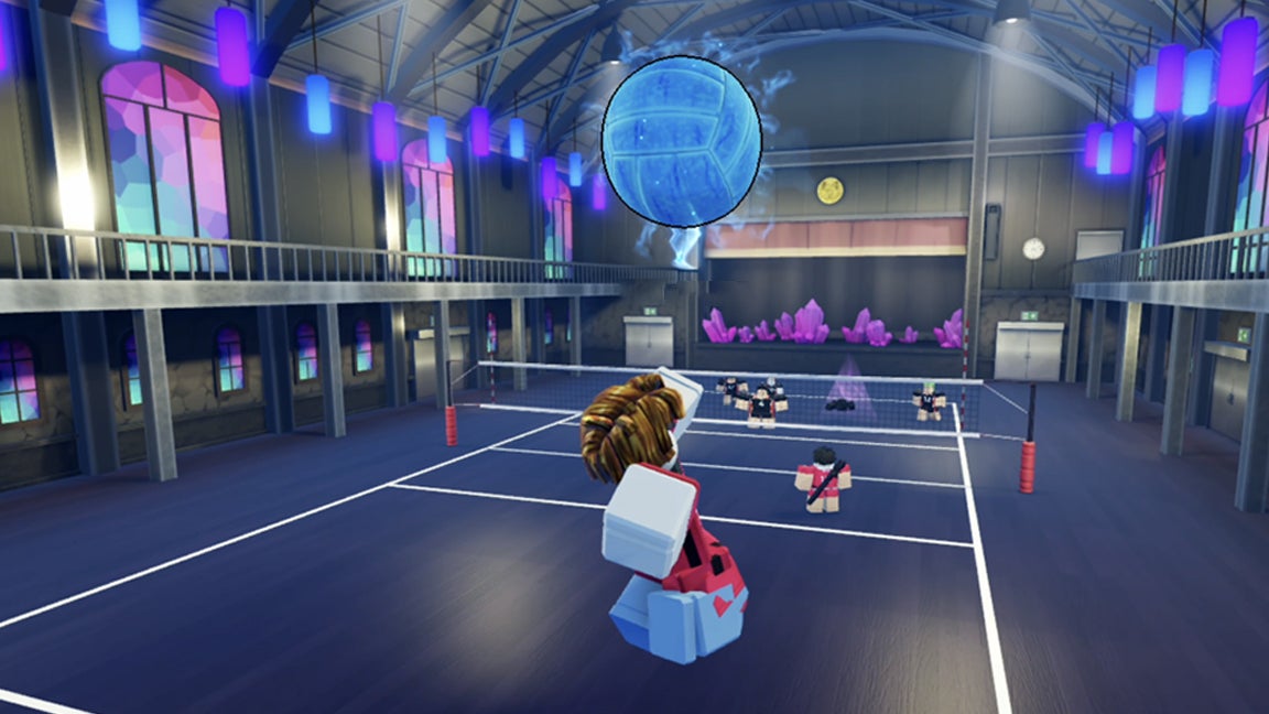A Roblox character jumping high in the air to hit a ball in the game Volleyball Legends.