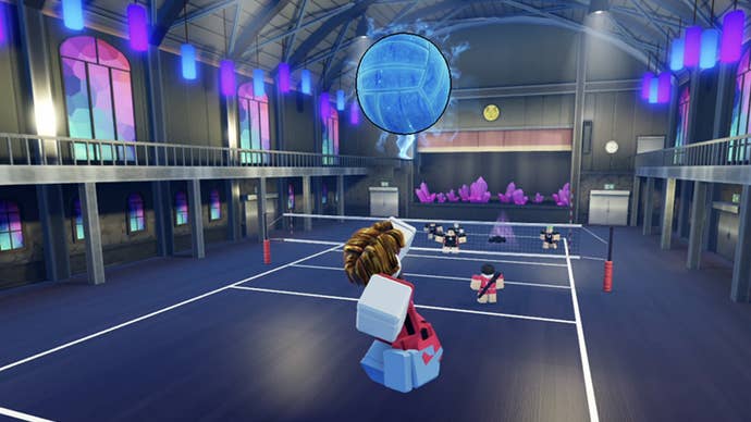 A Roblox character jumping high in the air to hit a ball in the game Volleyball Legends.