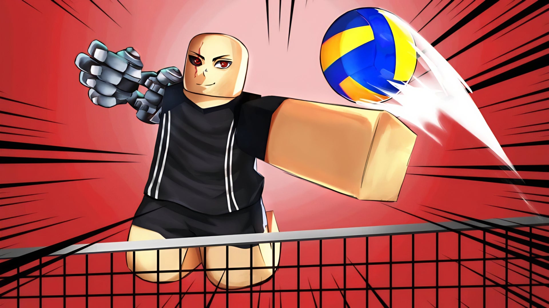 Artwork from the Roblox game, Volleyball Legends, featuring a cyborg character preparing to spike the ball in mid-air. - 1