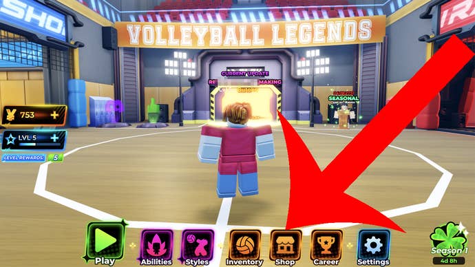 Arrow pointing at the Shop button in the Roblox game Volleyball Legends.