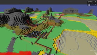 A screenshot of Voxel Factory, a prototype by Introversion Software based on Factorio, depicting a blocky 3D landscape with flat colours upon which streak conveyor belts and laser fences.