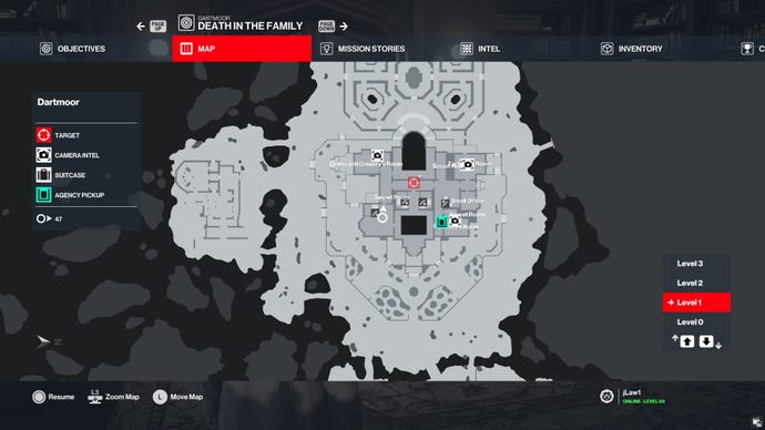 The map location for the Voyeurism challenge in Hitman 3. The player is facing upwards on the map, towards Emma and Gregory’s room, but doesn’t enter the room with the florting employees.
