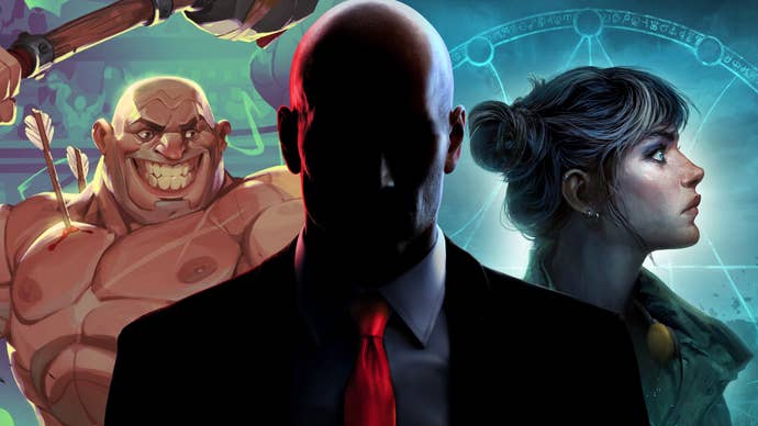 Composite image showing a character from Gorn 2 on the left, Edith Penrose from Ghost Town on the right, and Hitman’s Agent 47 between them.