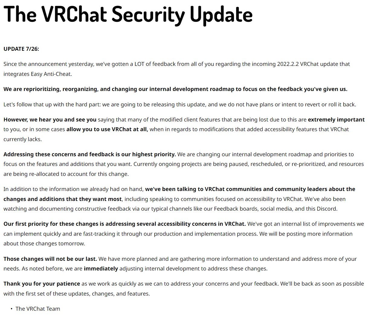 The update to VRChat&rsquo;s blog post announcing the Easy Anti-Cheat update.