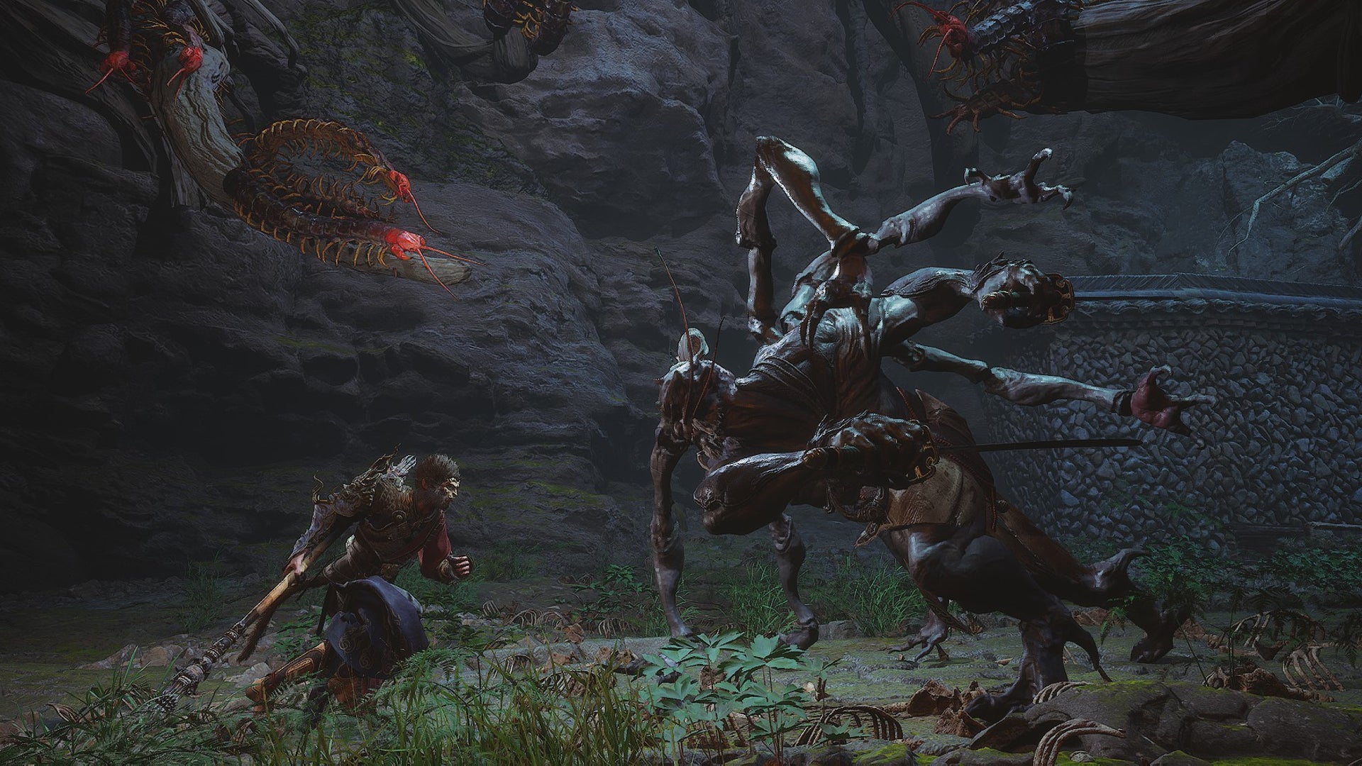The Destined One runs towards Venom Daoist as centipedes overlook the fight in this scene from Black Myth: Wukong's Chapter 4. - 7