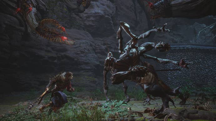 The Destined One runs towards Venom Daoist as centipedes overlook the fight in this scene from Black Myth: Wukong’s Chapter 4.
