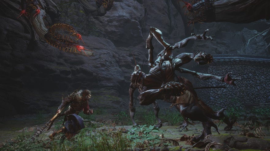 The Destined One runs towards Venom Daoist as centipedes overlook the fight in this scene from Black Myth: Wukong’s Chapter 4.