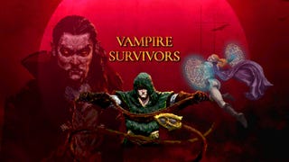 Vampire Survivors title screen with a man holding a whip underneath the name of the game. A semi-transparent vampire head is in the background along with a sorceress casting a spell