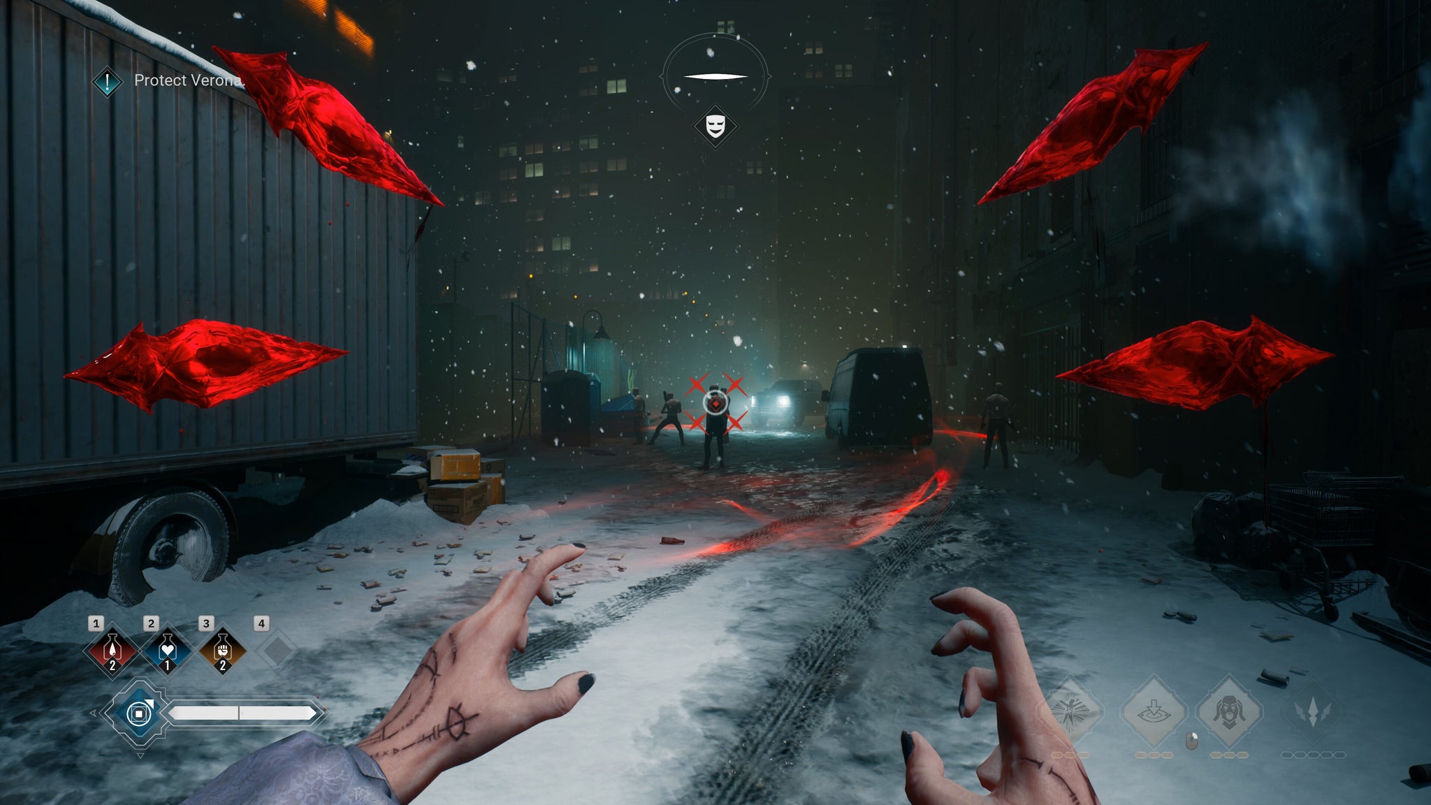 In a snow-covered lorry depot, Phyre (in first-person perspective) holds four blood daggers using telekinesis and prepares to fling them at enemies in Vampire: The Masquerade - Bloodlines 2. - 7