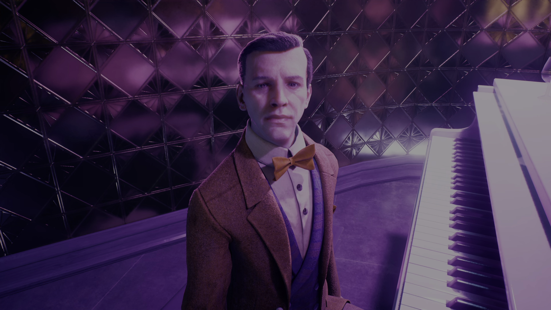 Fletcher — a man of indeterminate age wearing a red jacket and bowtie — sits at his piano and regards the player in Vampire: The Masquerade Bloodlines 2. - 6