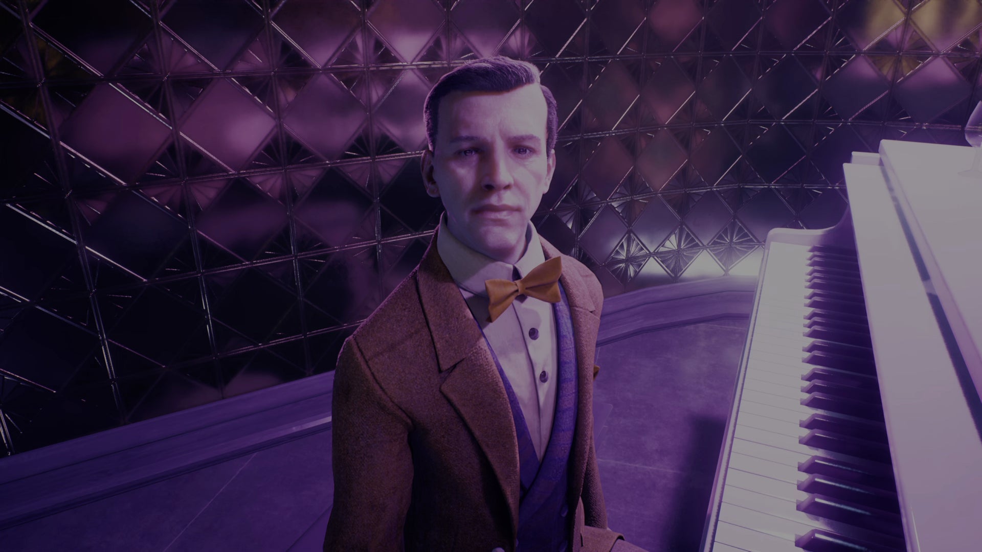 Fletcher — a man of indeterminate age wearing a red jacket and bowtie — sits at his piano and regards the player in Vampire: The Masquerade Bloodlines 2. - 6
