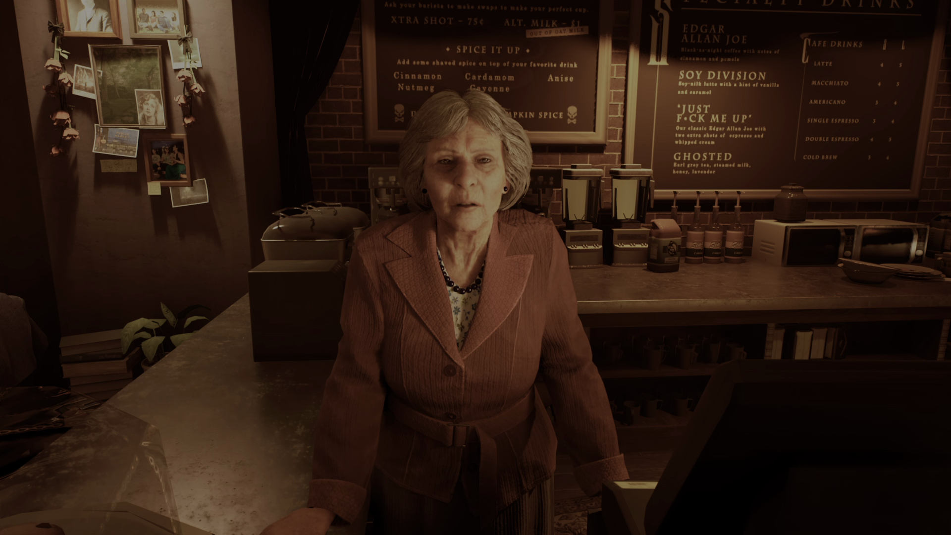 Mrs Thorn, an elderly woman in a smart-casual red jacket, leans on the serving counter of a café to speak to the player in Vampire: The Masquerade Bloodlines 2. Behind her is a chalkboard with several suggestively-named specials listed. - 8