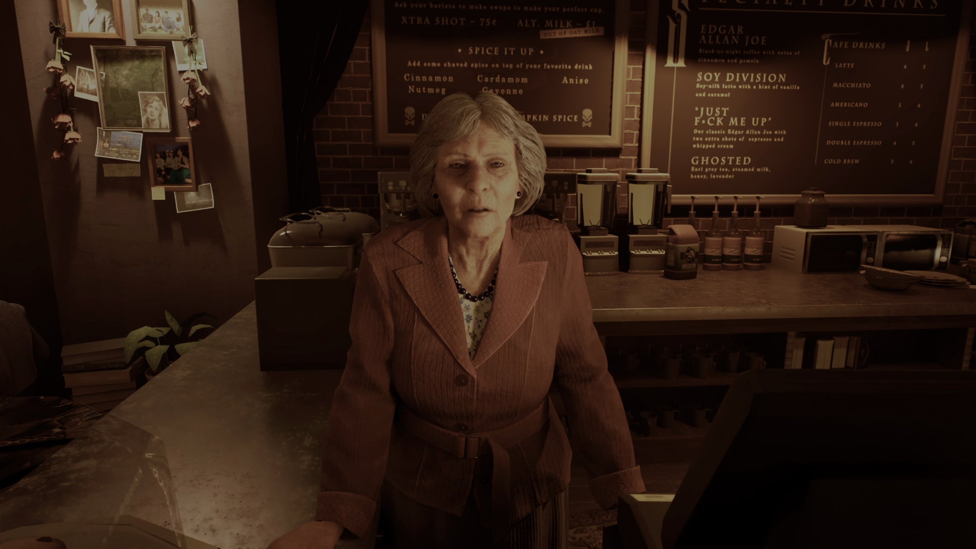 Mrs Thorn, an elderly woman in a smart-casual red jacket, leans on the serving counter of a café to speak to the player in Vampire: The Masquerade Bloodlines 2. Behind her is a chalkboard with several suggestively-named specials listed. - 8