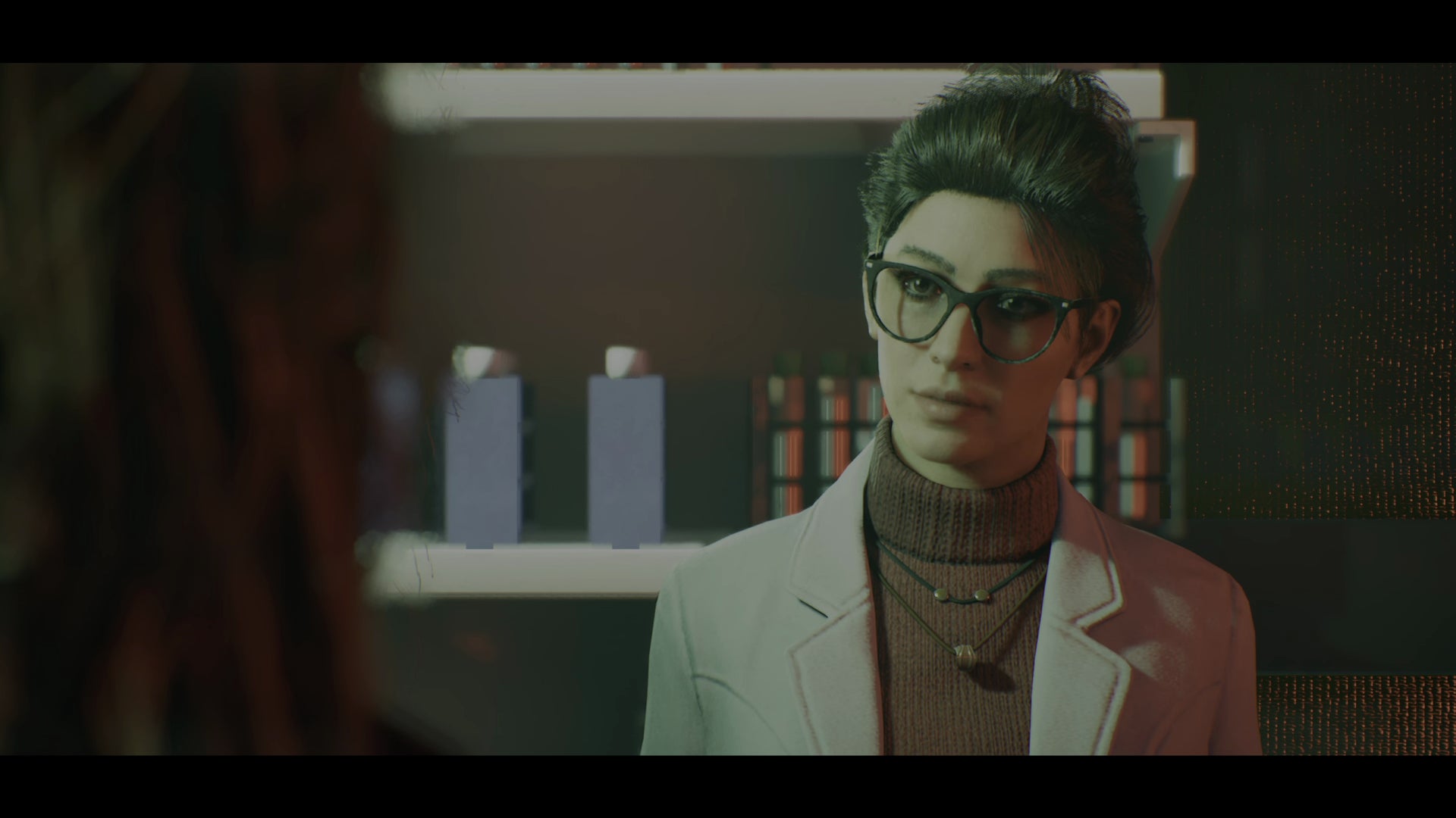 Safia, dressed in a lab coat, converses with Phyre during their first encounter in her lab in Vampire: The Masquerade Bloodlines 2. - 1