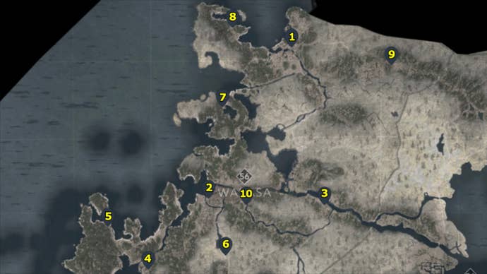 A map with pointers highlighting all of the Kakurega in the Wakasa region in Assassin’s Creed Shadows.