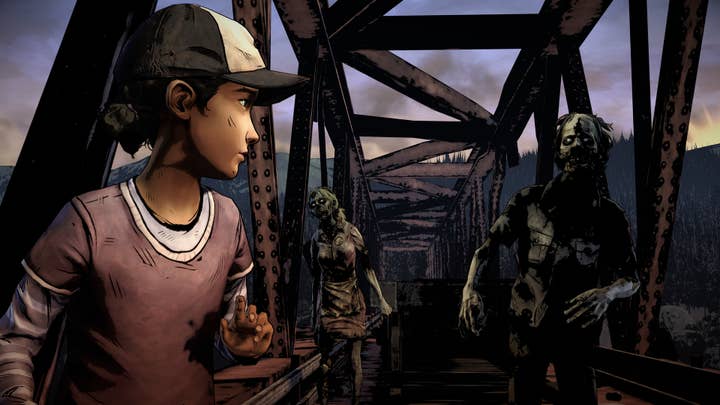 Clementine from Telltale's The Walking Dead series looks back at a pair of zombies approaching her over a bridge