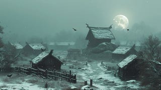 A view of village huts against a misty moonlit sky