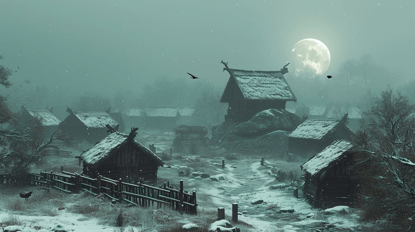 A view of village huts against a misty moonlit sky - 1