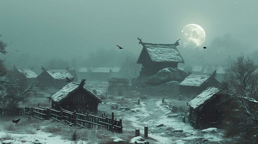 A view of village huts against a misty moonlit sky