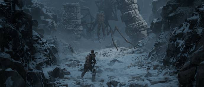 A swordsman confronting a huge many-limbed monster in the snow
