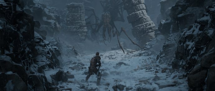 A swordsman confronting a huge many-limbed monster in the snow