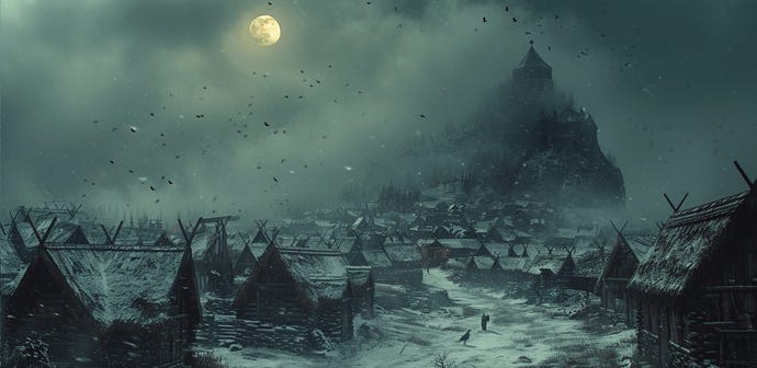 A medieval Scandinavian settlement under a misty moon