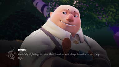 A bald, circular antheral named Boro explaining successful Wanderstop that Miss Alta lone fights.