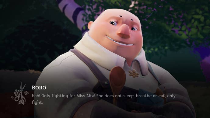 A bald, round man named Boro explaining in Wanderstop that Miss Alta only fights.