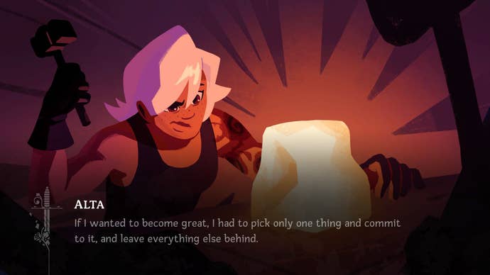 Alta explains her reasons for not wanting to blacksmith, as she remembers hammering a glowing block of steel.