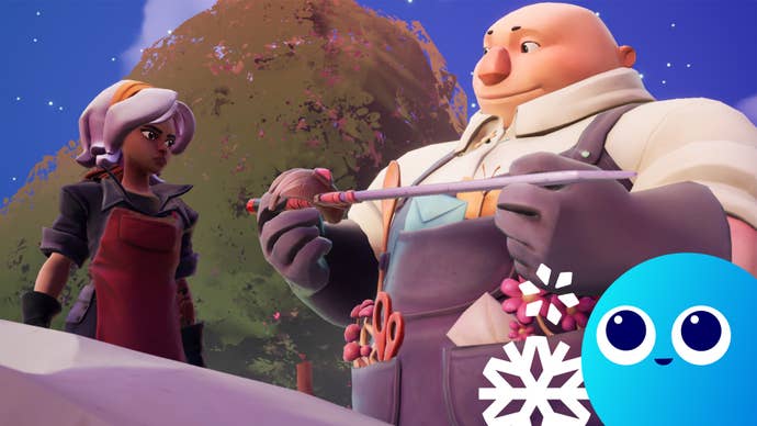 Alta looks at Boro as he holds her sword delicately in his hands. The Wishlisted mascot is overlaid on the image to show it is one of our favourite demos.