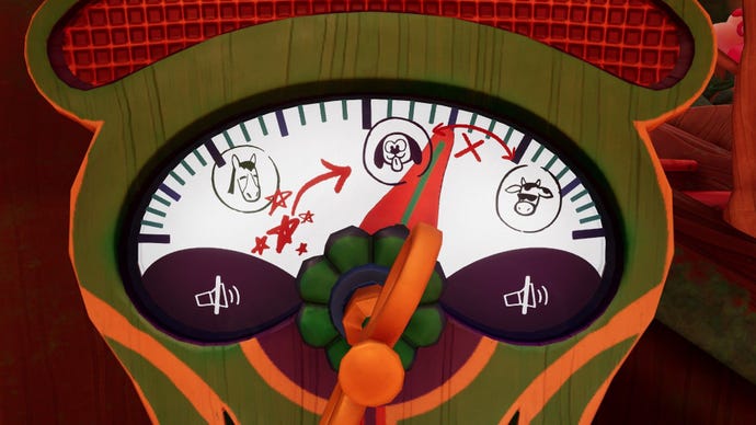 A radio dial shows three pictures circled - a horse, a dog, and a cow wearing sunglasses.