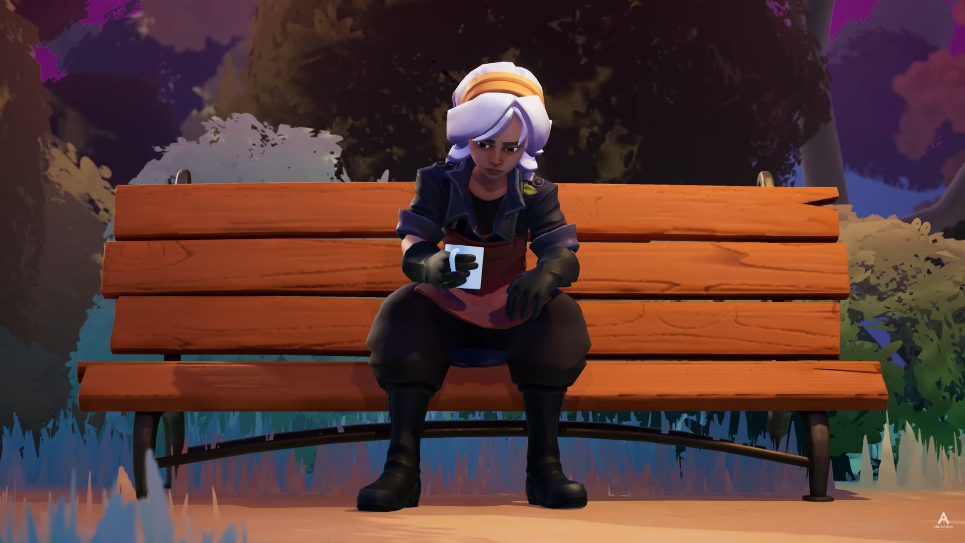 The hero of Wanderstop sits on a bench, drinking tea. - 17