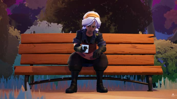 The hero of Wanderstop sits on a bench, drinking tea.